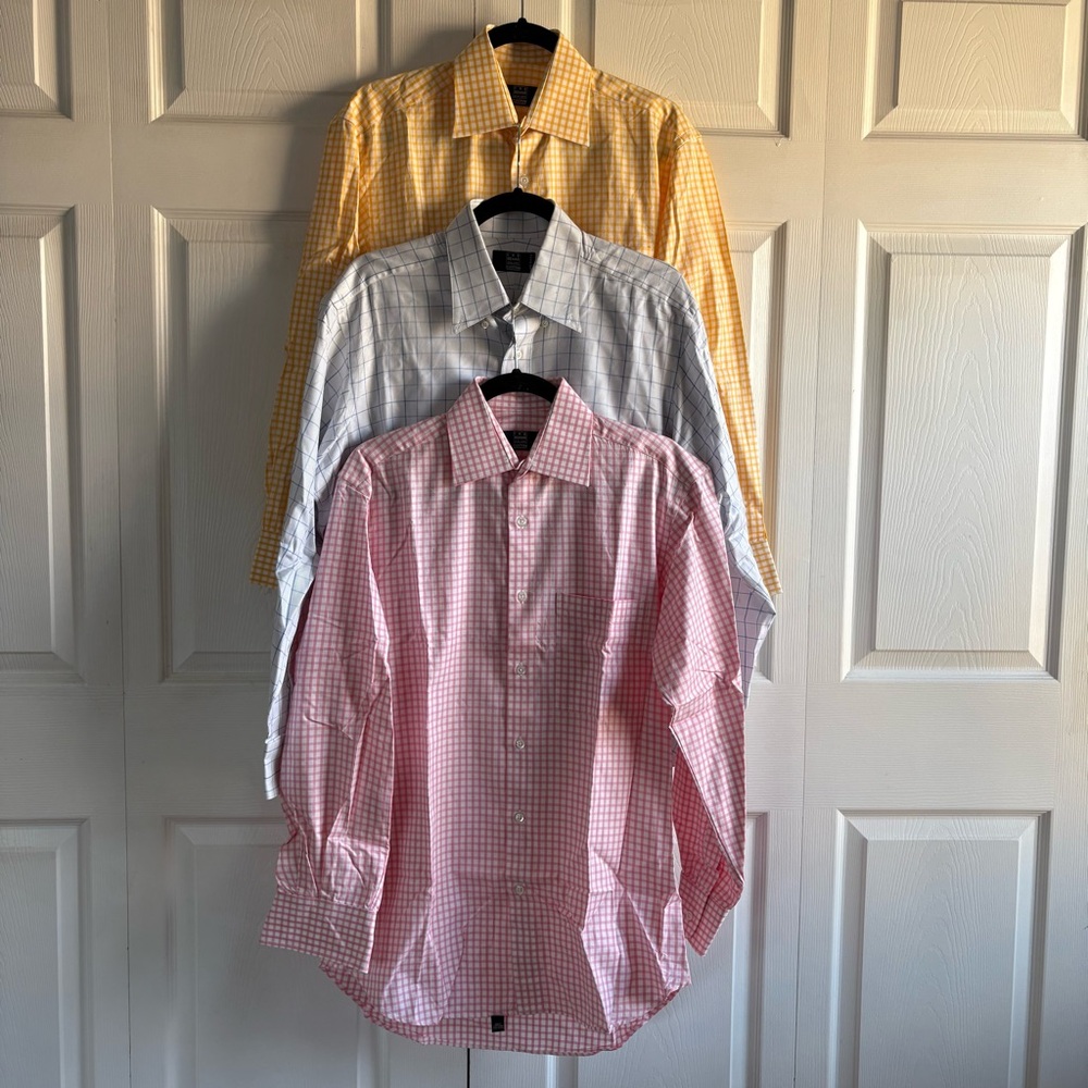 Bundle Lot Ike Behar Plaid Yellow Blue Pink Shirt Career Office Academia 15 Neck